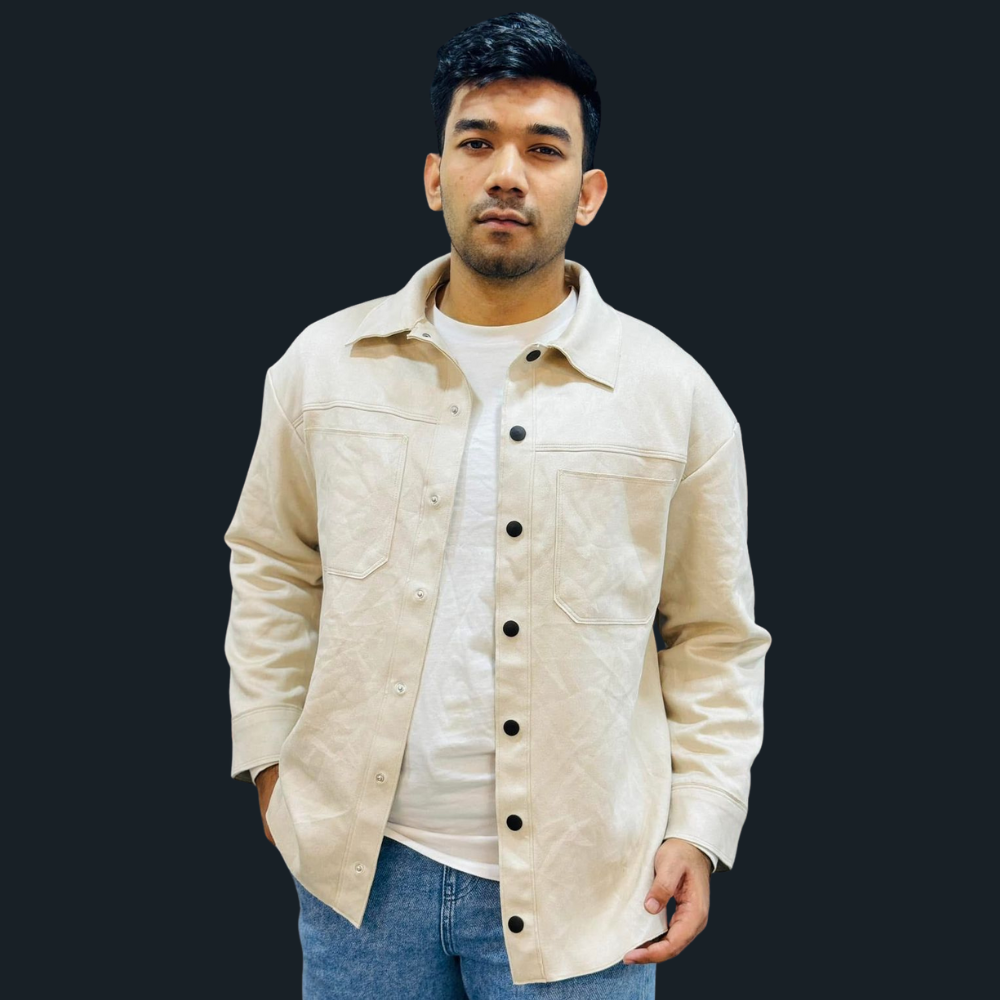 Men’s Beige Leather Shirt Jacket – Original Export Premium Fabric"