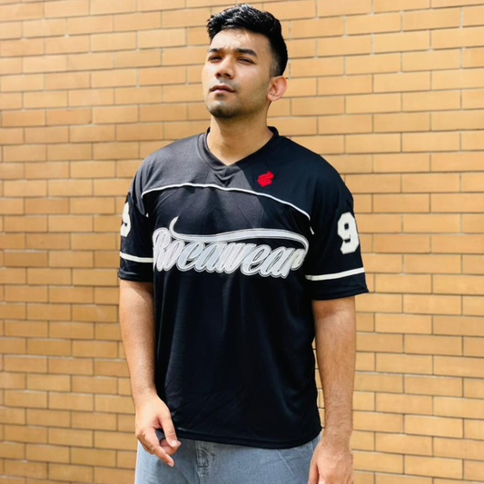 Men’s V-Neck Printed Mesh Shirt – Loose Fit, Embroidered Details, Jet Black | Stunner Mart