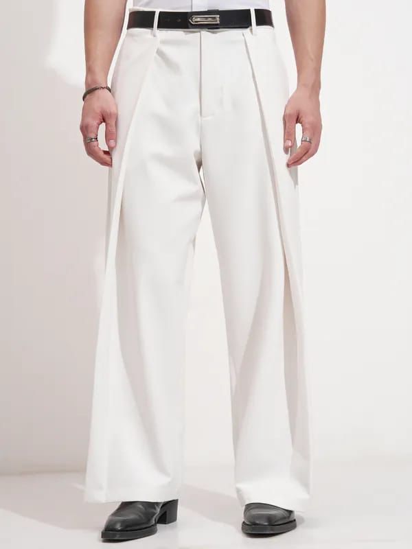 Men’s White Wide-Leg Pleated Trouser | Korean Style Oversized Pant | Premium Streetwear Fashion for Modern Look