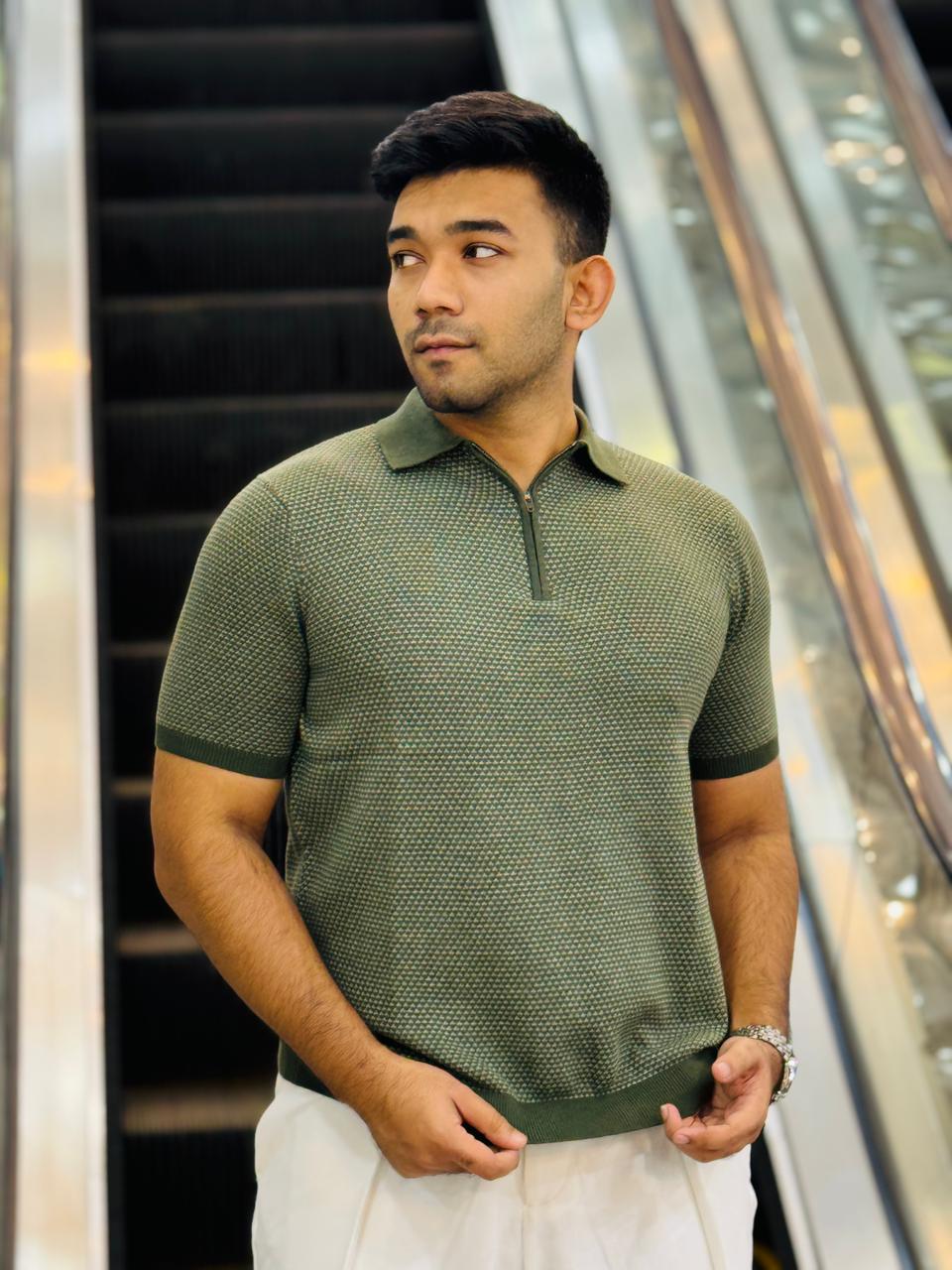 Men’s Premium Textured Knit Polo – Olive Green | Stunner Mart