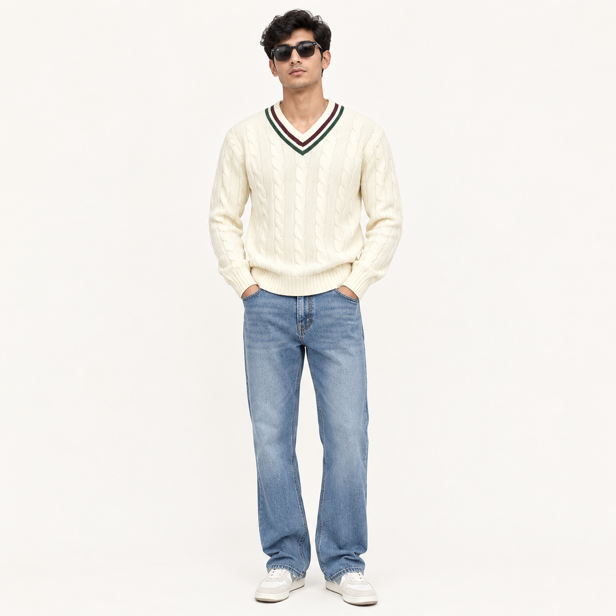 Premium Cable Knit V-Neck Sweater – Ivory