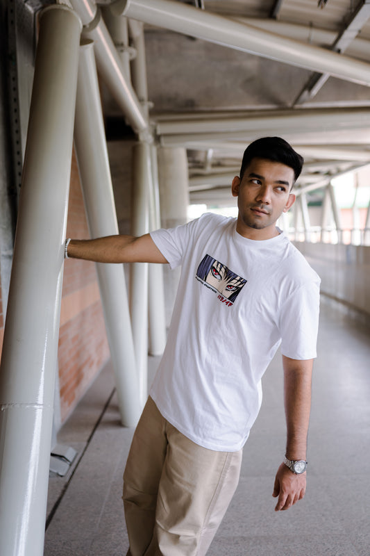 White Drop Shoulder Anime Print Tee: 100% Cotton Comfort with Anime Charm.