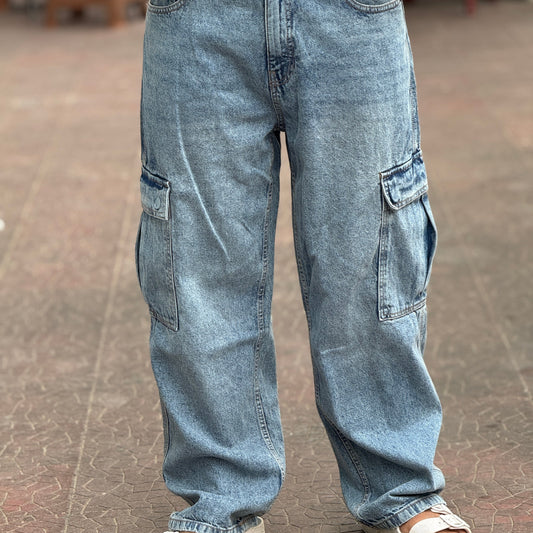 Urban Cargo Baggy Jeans – Premium Light Blue Denim