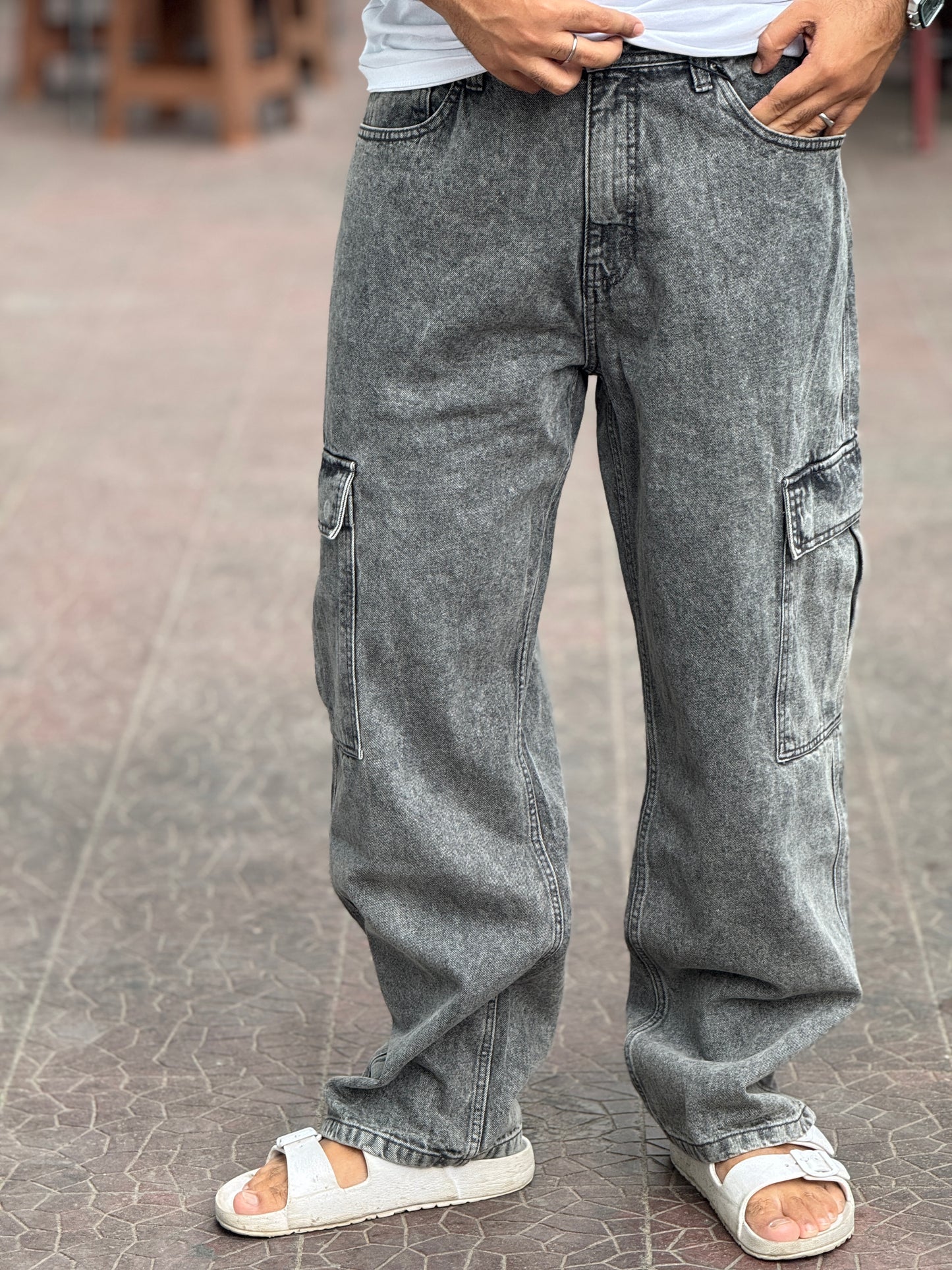 Ash Grey Cargo Baggy Jeans – Premium Washed Denim