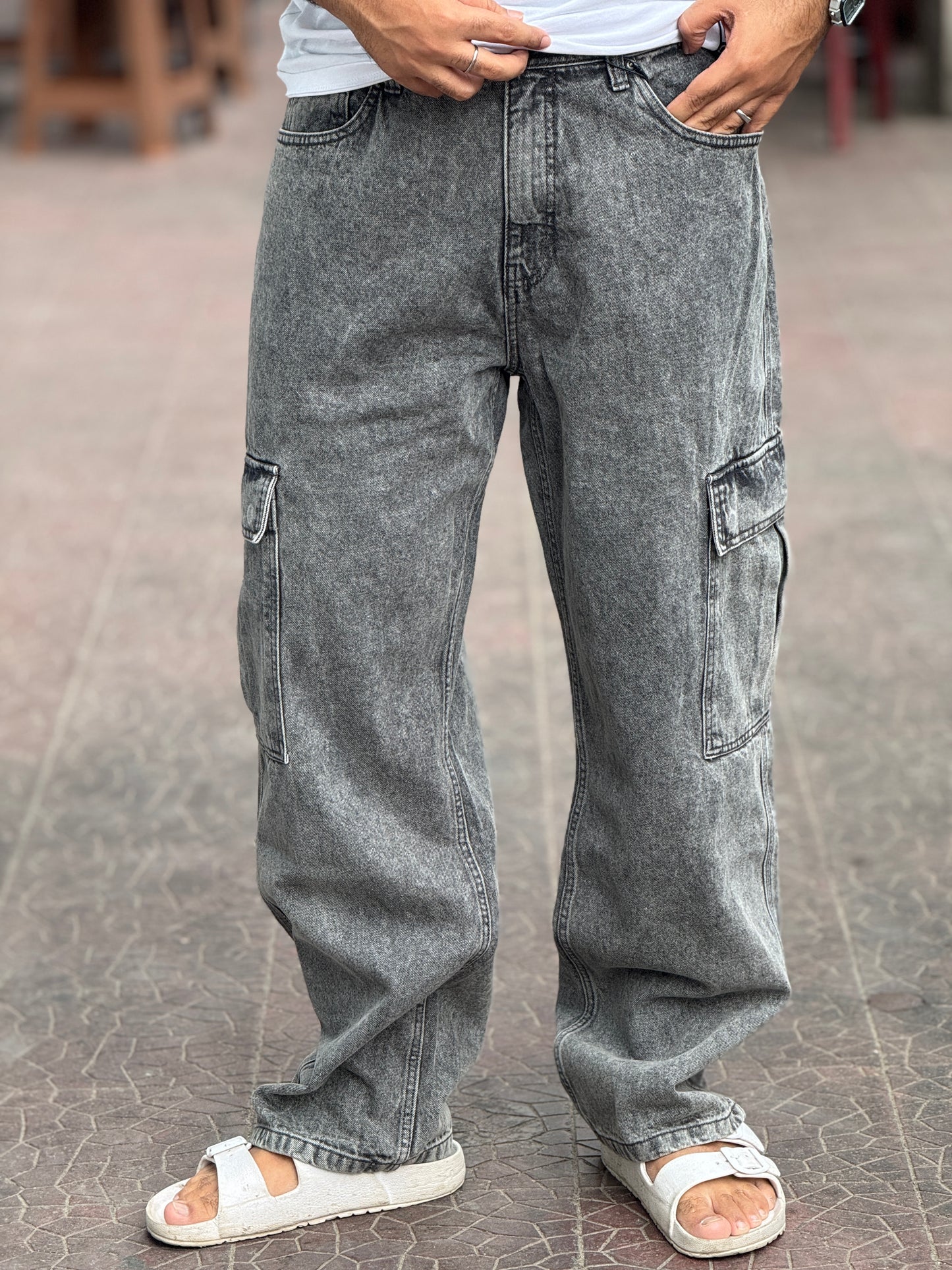 Ash Grey Cargo Baggy Jeans – Premium Washed Denim