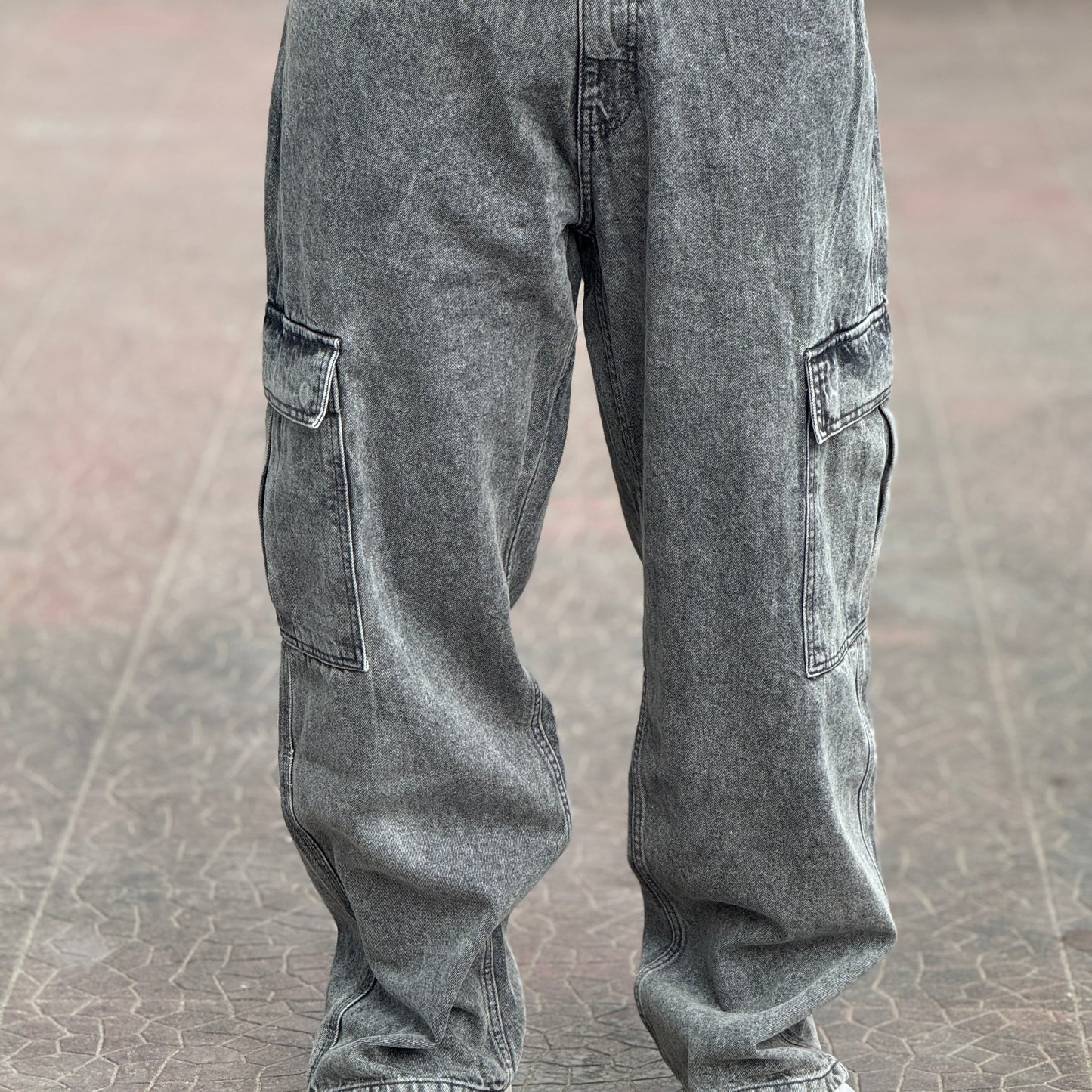 Ash Grey Cargo Baggy Jeans – Premium Washed Denim