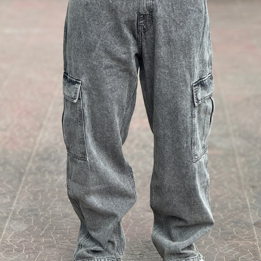 Ash Grey Cargo Baggy Jeans – Premium Washed Denim