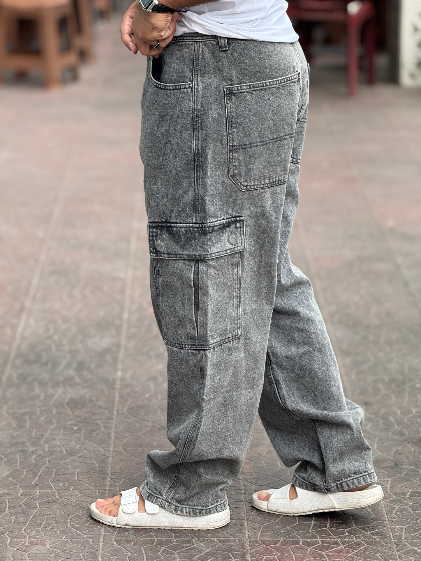 Ash Grey Cargo Baggy Jeans – Premium Washed Denim