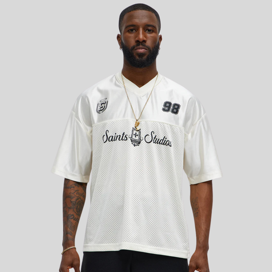 Saints Studios Short Sleeve Soccer Jersey – Off White | Premium Oversized Football Jersey for Men