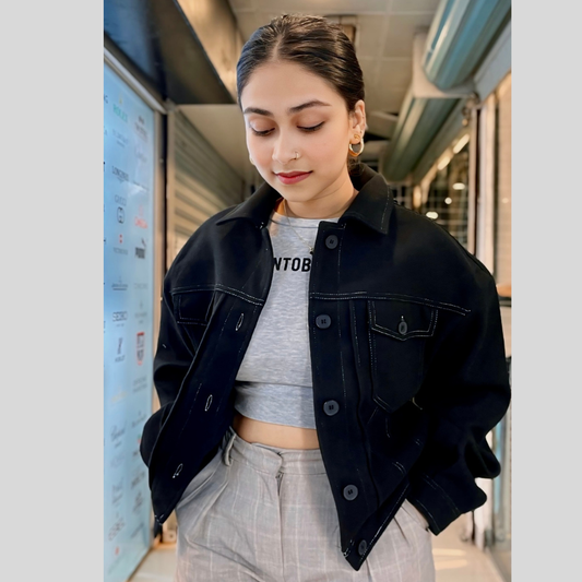 Premium Black Denim Jacket for Women – Stylish & Comfortable Fit