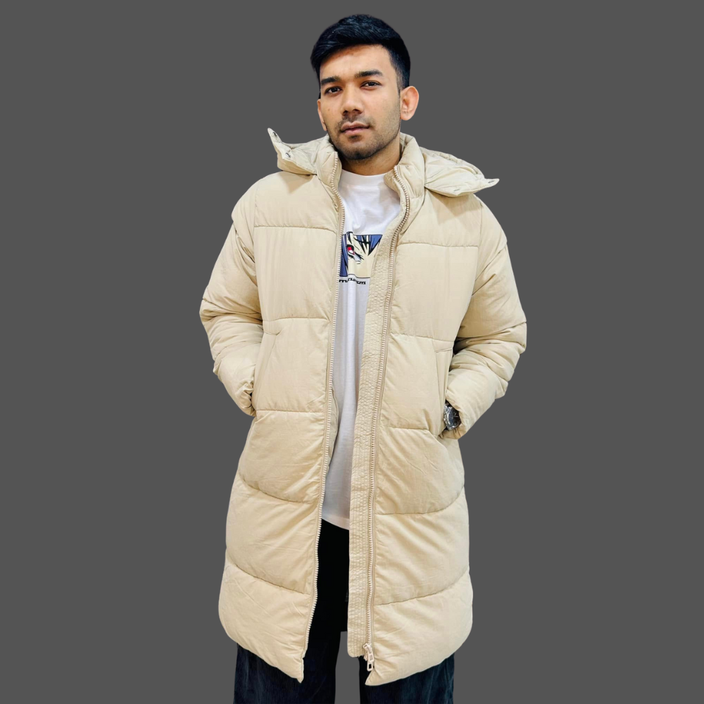 Men’s Long Beige Winter Jacket | Stylish & Warm Puffer Coat