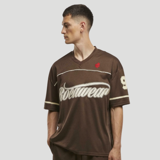Men’s V-Neck Printed Mesh Shirt – Loose Fit, Embroidered Details, Chocolate Brown | Stunner Mart