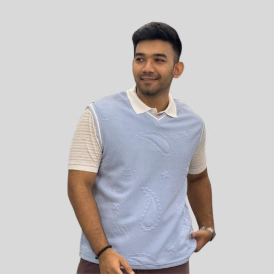 Men’s Trendy Old Money Style Sky Blue Textured Knit Sleeveless Vest