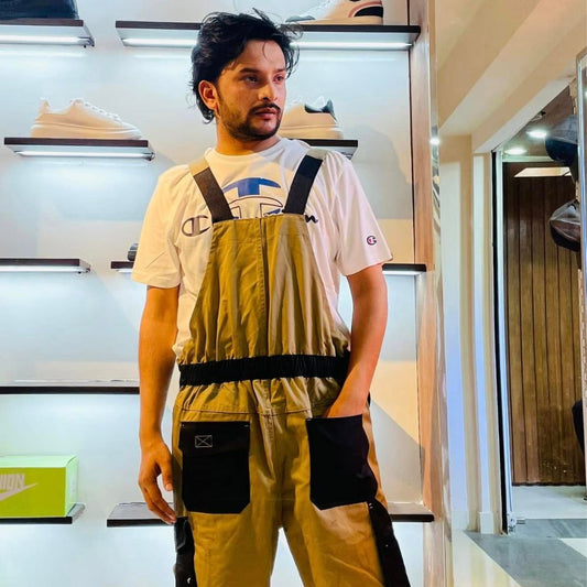 Men's Khaki Overalls with Black Utility Pockets Urban Casual Style
