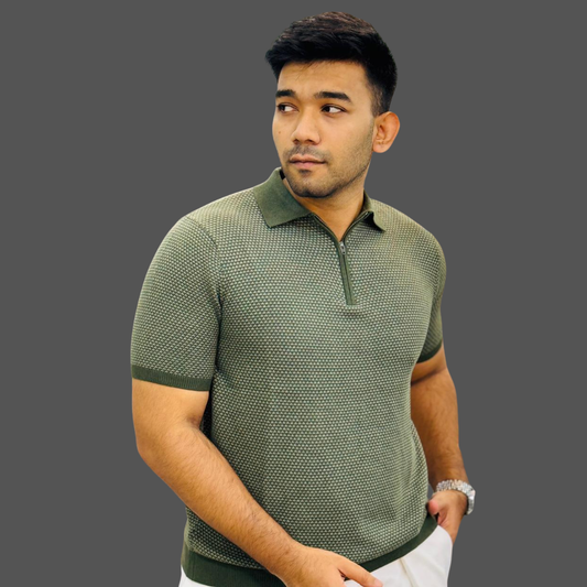 Men’s Premium Textured Knit Polo – Olive Green | Stunner Mart