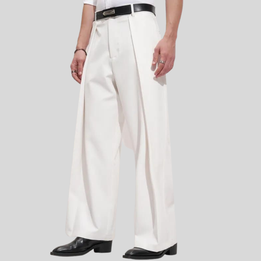 Men’s White Wide-Leg Pleated Trouser | Korean Style Oversized Pant | Premium Streetwear Fashion for Modern Look