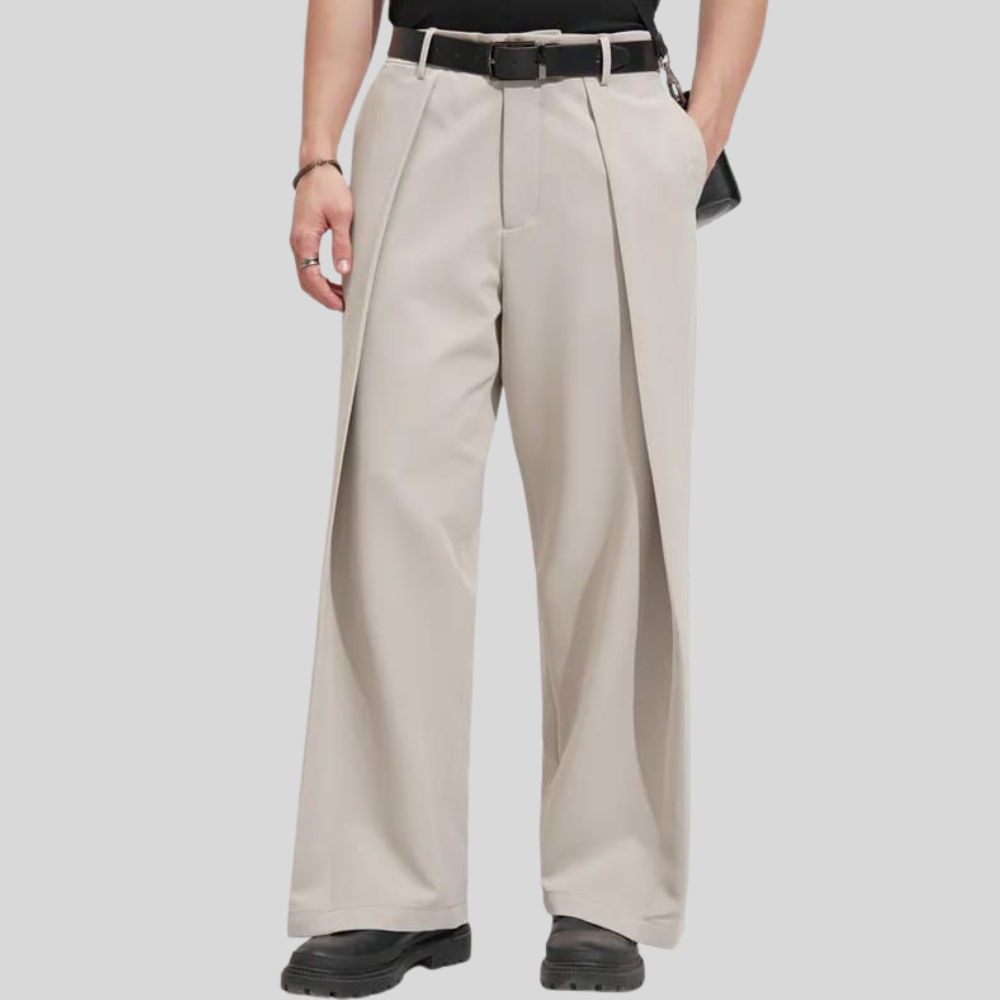 Men’s Beige Wide-Leg Pleated Trouser | Korean Style Oversized Pants | Minimal Streetwear Fashion for Modern Men
