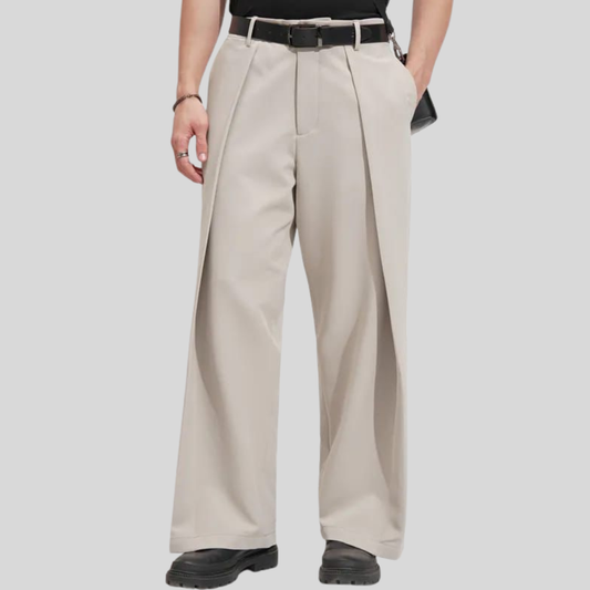Men’s Beige Wide-Leg Pleated Trouser | Korean Style Oversized Pants | Minimal Streetwear Fashion for Modern Men