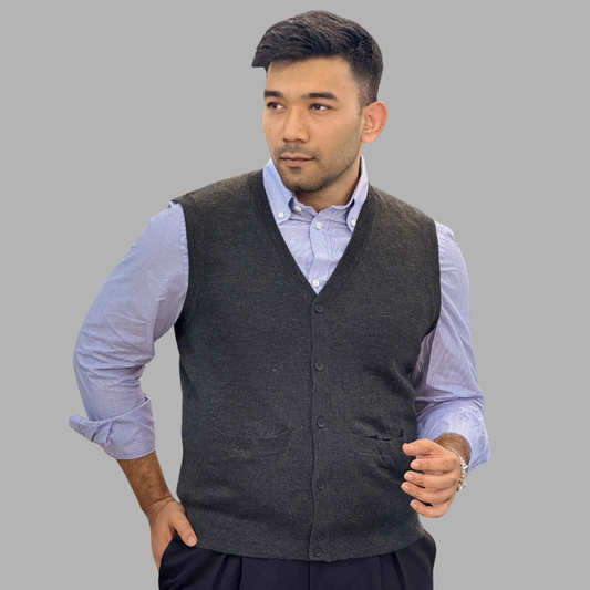 Men’s Dark Charcoal Grey Knitted Sweater Vest – Slim Fit V-Neck Button Down Cardigan