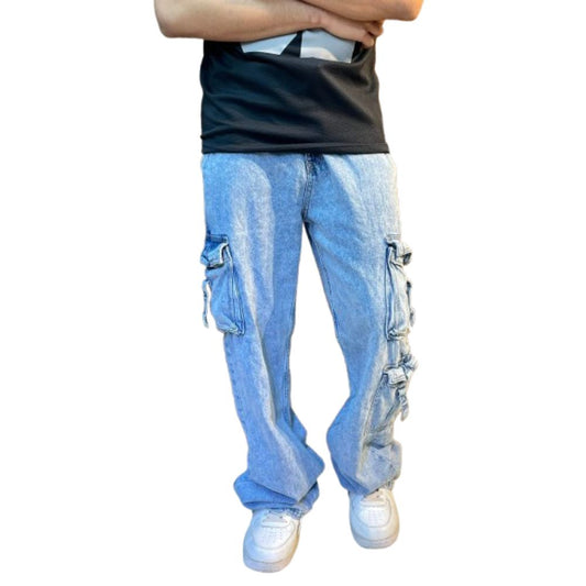 Men's Baggy Cargo Jeans - Loose Fit, Multi Pocket, Vintage Washed Denim Pant