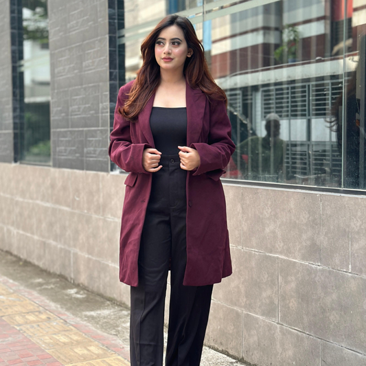 Wine Color Semi-Long Overcoat – Premium Export Quality