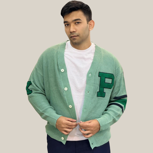 Premium Knitted Varsity Cardigan – Stylish Green ‘P’ Letter Sweater for Men
