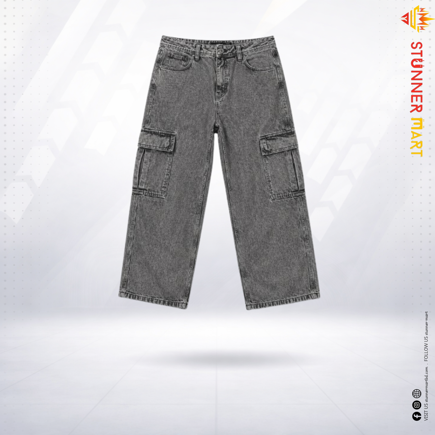 Ash Grey Cargo Baggy Jeans – Premium Washed Denim