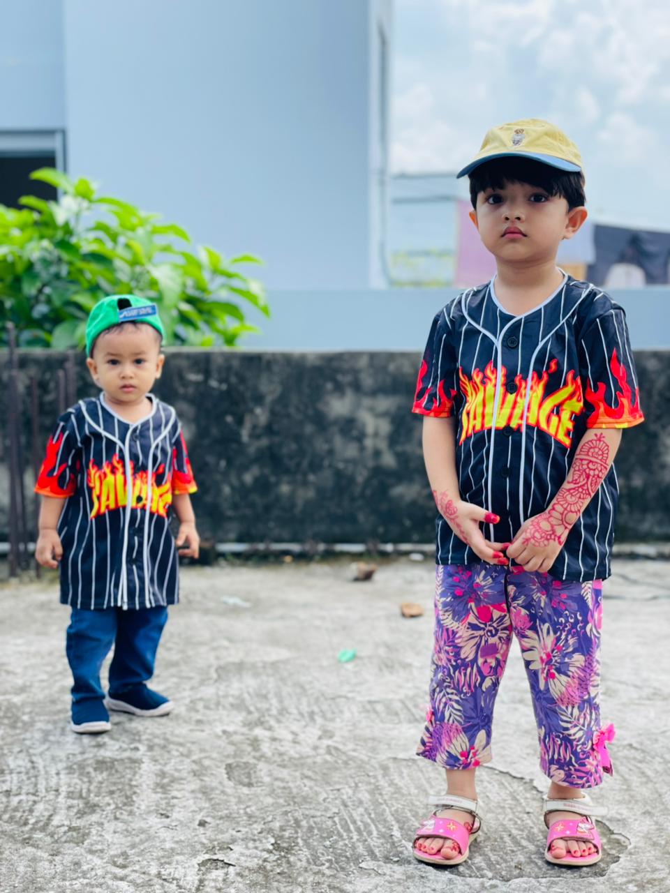 Savage Flame Print Kids Baseball Jersey – Black