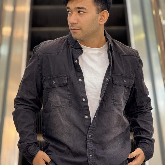 Men's Premium Washed Utility Shirt - Charcoal Black