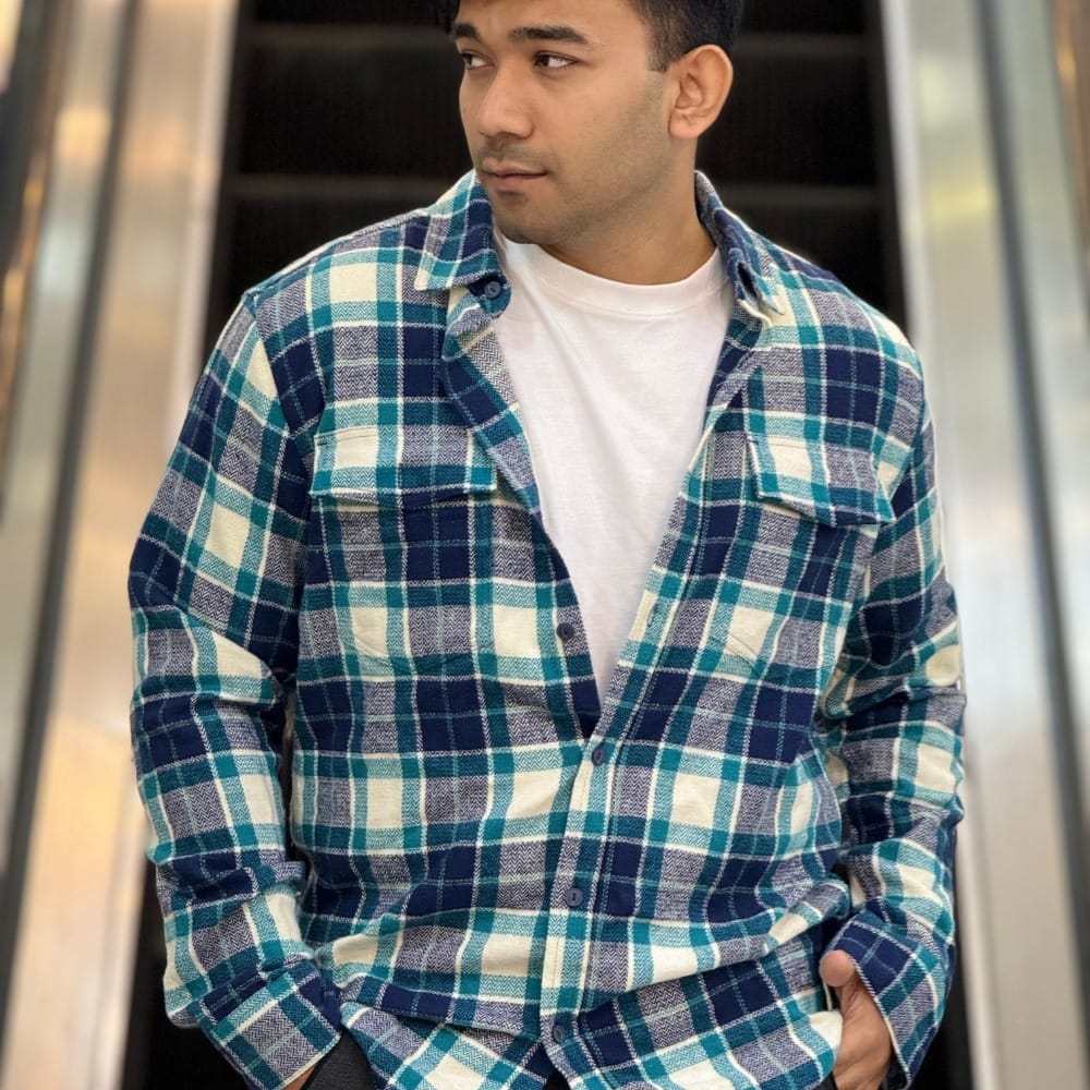 Men's Premium Flannel Check Overshirt - Teal & Navy Plaid