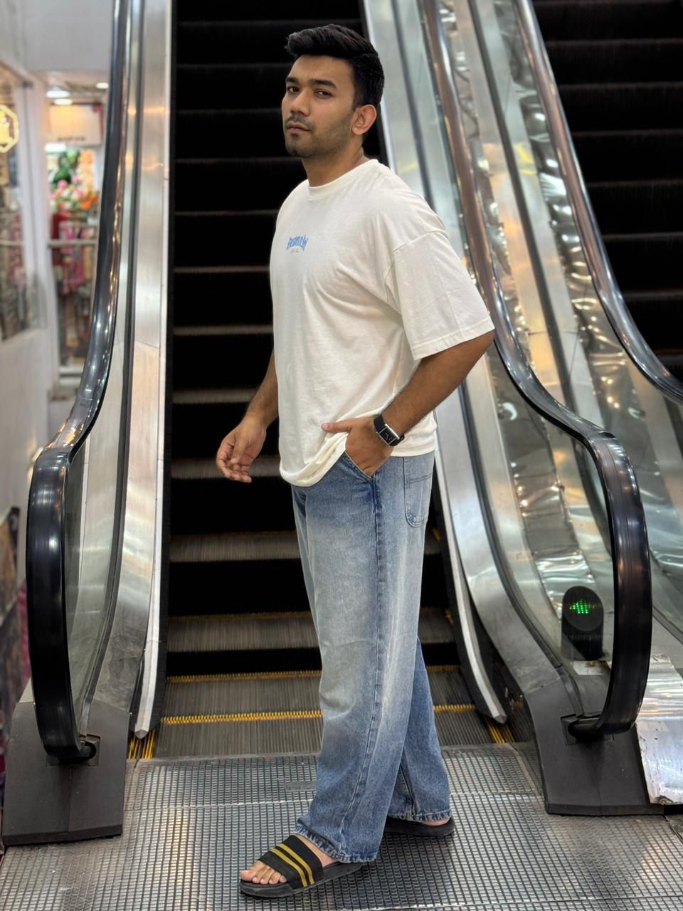 white Oversized Drop Shoulder Tee + Duty Washed Baggy Pant – Just 1000 Tk!"