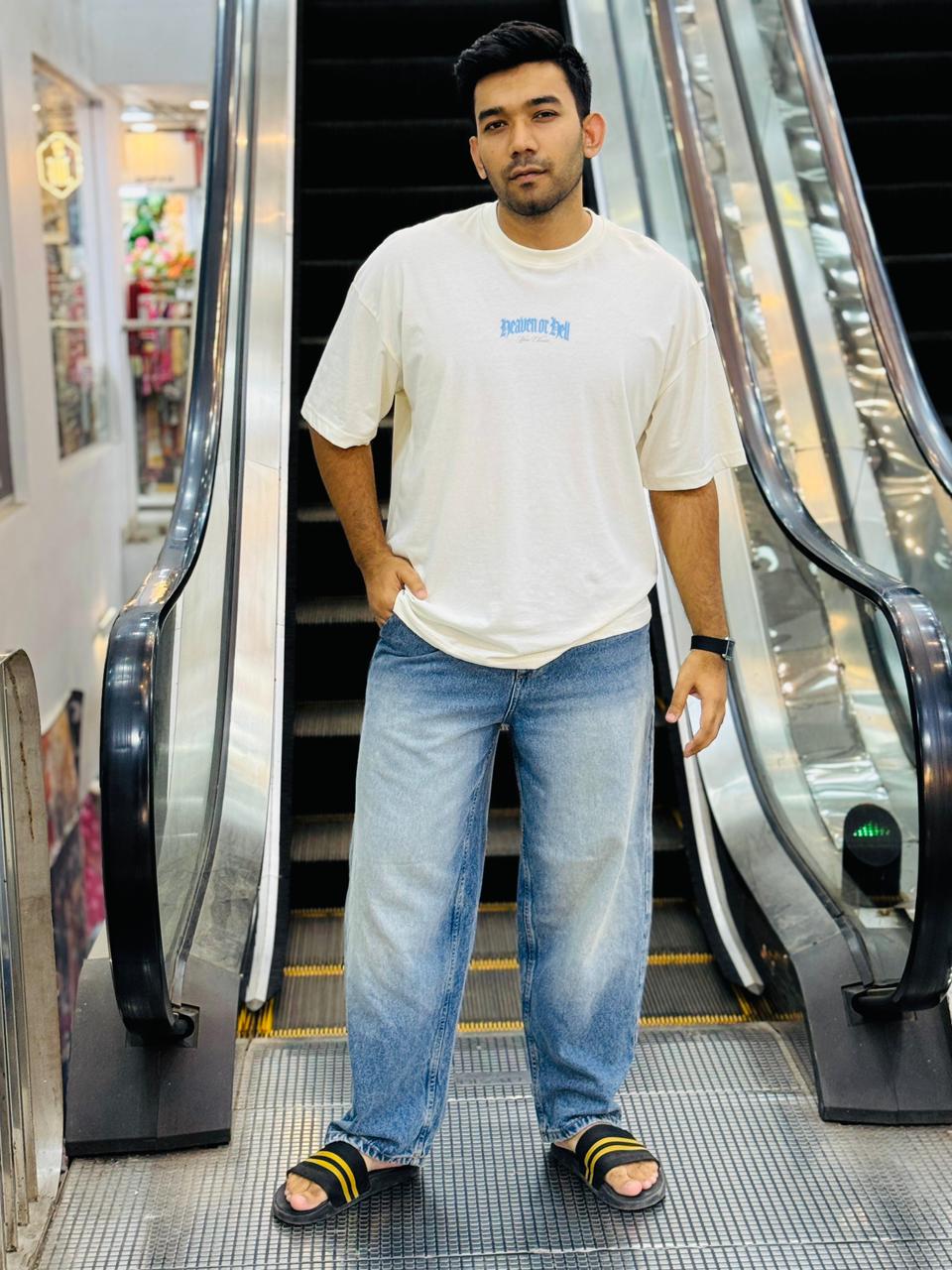 white Oversized Drop Shoulder Tee + Duty Washed Baggy Pant – Just 1000 Tk!"