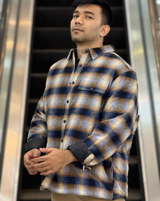 Men’s Quilted Flannel Shirt Jacket – Blue Brown Plaid