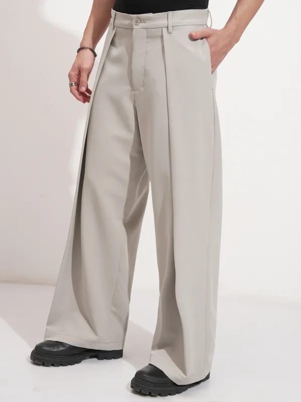 Men’s Beige Wide-Leg Pleated Trouser | Korean Style Oversized Pants | Minimal Streetwear Fashion for Modern Men