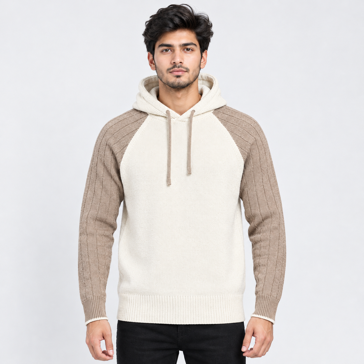 Men's Cream Hooded Knit Sweater with Raglan Sleeves