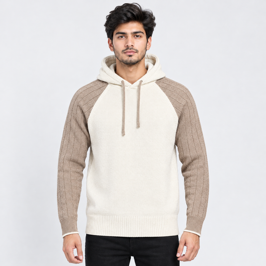 Men's Cream Hooded Knit Sweater with Raglan Sleeves