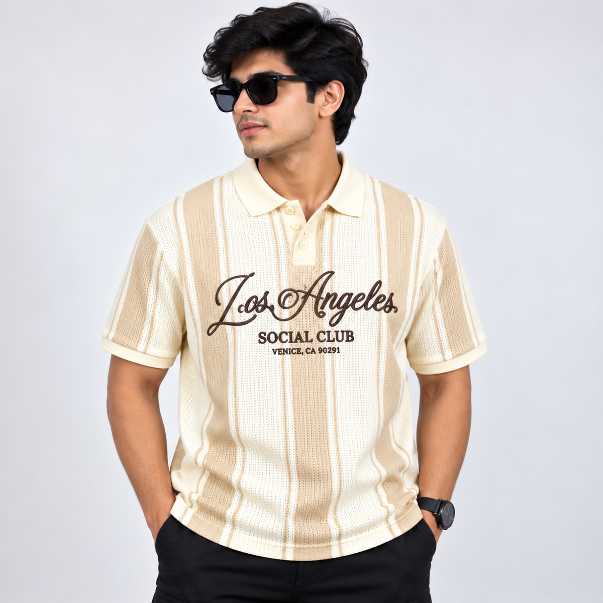 Vintage Cream Striped Jersey Polo