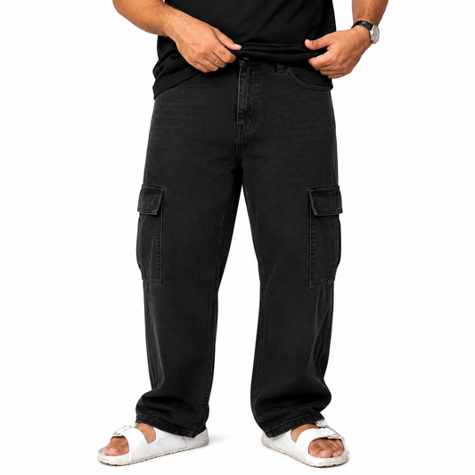 Midnight Cargo Baggy Jeans – Premium Black Denim